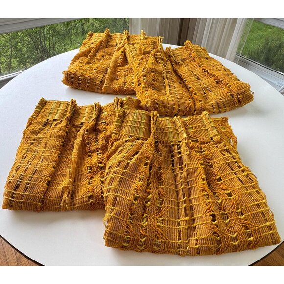 Vintage 70s pleated curtain, orange mesh, open weave geometric, pair - Picture 10 of 10